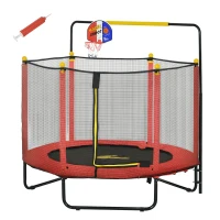 Qaba Kids Trampoline with Net, Basketball Hoop, Horizontal Bar Indoor, Red(m-11)