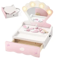 Qaba Kids Vanity Set, Makeup Table Toy with Lights, Mirror, Drawer, Accessories and Carry Handle for Girls 3-6 Years, Pink(m-2)