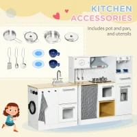 Qaba Kids Wooden Kitchen Playset with Sound Effects and Tons of Countertop Space, Wooden Corner Play Kitchen Set with Washing Machine, Imaginative Toy Pretend Restaurant, Ages 3-6, White(m-8)
