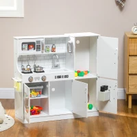 Qaba Pretend Play Kitchen, Kids Kitchen Playset with Play Phone, Chalkboard, Towel Rack & Ice Maker for 3-8 Years White(m-8)