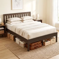 HOMCOM Queen Size Bed Frame with Headboard and Footboard, Mid-Century Modern Wood Platform Bed Frame, Walnut(m-10)