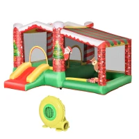 Outsunny 3-in-1 Kids Inflatable Bounce House Christmas Jumping Castle with Christmas Tree Pattern, Includes Trampoline, Pool, Slide, Carry Bag, Repair Patches and Air Blower(m-18)
