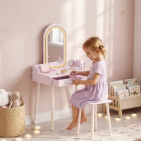 Qaba Kids Dressing Table, Girls Vanity Set with Stool, 3-Colour LED Lights Mirror, Large Drawer for Ages 3-8, Pink(m-8)