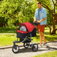 PawHut Pet Stroller for Small Dogs, 3 Rubber Wheels, One-click Easy Folding All-Terrain Dog Stroller, Adjustable Canopy, Zippered Mesh Window Door, Storage Basket, Red(m-1)