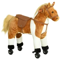 Qaba Kids Rocking Horse, Large Walking  Ride on Toy  for Toddlers 3 year old, Baby Plush Animal Rocker with Sound and Wheel, Brown(m-2)