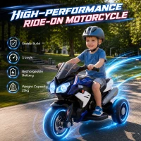 Qaba Kids Electric Motorcycle Ride-On Toy with 3 Wheels, Music, Horn, Lights, Blue(m-5)