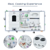 Qaba Kids Kitchen Playset with Telephone, Wooden Kitchenette for kids with Cookware, Storage Cabinet, Water Dispenser, Blackboard, Toddler Pretend Play Kitchen with Cooking Accessories for Aged 3+(m-6)