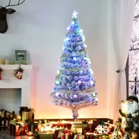 HOMCOM 5ft Tall Pre-Lit Douglas Fir Artificial Christmas Tree with Realistic Branches, Multi-Color LED Lights, Fiber Optics and 180 Tips - White/Blue(m-2)