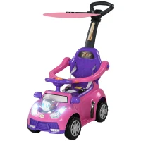 Qaba 3 in 1 Kids Push Car Toddler Sliding Car, Foot to Floor Design with Music, Light, Handle, Removable Canopy, Pink(m-2)