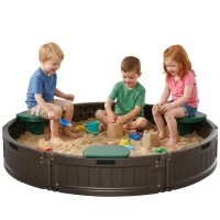 Outsunny Kids Sandbox with Cover, Seat, Sandbox Outdoor for Backyard, Brown(m-2)