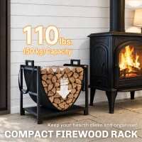Outsunny 19 Inch Firewood Rack with Carrier, 110 lb Heavy Duty Steel Log Store Indoors, Fireplace Log Storage Holder, Black(m-5)