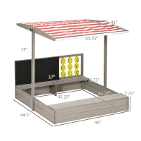 Outsunny Kids Sandbox with Canopy, Bench Seats Wooden Sand Pit, Backyard Toy with Chalkboard, Tic Tac Toe Game, Gift for Girls and Boys, Ages 3-7(m-3)