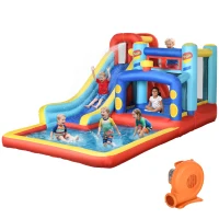 Qaba 14.3 x 8FT Inflatable Bounce House, 4 in 1 Bouncy Castle with Slide, Climbing Wall, Jumping Area, Pool and Blower(m-9)