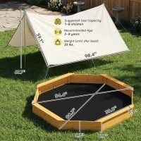 Qaba Wooden Sandbox with Large Canopy, Outdoor Sand Box with 4 Bench Seats, Bottom Liner for 8 Kids Aged 3-8, Yellow(m-3)