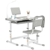 Qaba Kids Desk and Chair Set Height Adjustable Student Writing Desk Children School Study Table with Tilt Desktop, Grey(m-9)