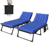 Outsunny 29.5" Wide Folding Chaise Lounge Chair Outdoor Tanning Chair Set of 2, Camping Cot with Cushion, Side Pocket, Grey/Blue(m-9)