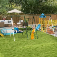 Outsunny Metal Swing Set for Backyard with 1 Saucer Swing, Basketball Hoop, 1 Seat, 1 Swing Glider, Climbing Net and Steps(m-10)