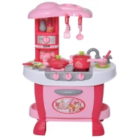 Qaba Kids Kitchen Play Set Pretend Toy Children Role Play Game Toy with Light & Sound Function  38Pcs Toy Accessories - Pink(m-11)