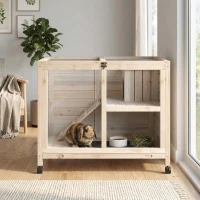 PawHut Rabbit Hutch with Wheels, Desk and Side Table Sized, Wooden Rabbit Cage, Waterproof Small Bunny Cage with Removable Tray, Openable Roof, for Rabbits, Chickens, Ducks, Indoor/Outdoor, Natural(m-10)
