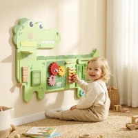 Qaba Busy Board Panels Wall-Mounted Montessori Sensory Toys Sensory Wall MDF 87 x 52 x 5.5 cm Dinosaur, Green(m-2)