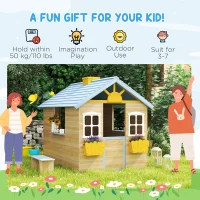 Outsunny Wooden Playhouse for Kids Outdoor Garden with Working Door, Windows, Bench, Service Station, Flowers Pot Holder, Blue(m-4)