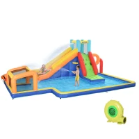 Outsunny 6 in 1 Kids Inflatable Bounce House with Slide, Pool, Climbing Wall, Water Cannon, Basketball Hoop, Football Stand(m-11)