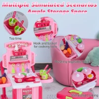 Qaba Pretend Play Kitchen Playset Chef Role Play Game 3-in-1 Design Suitcase Cart with 42 Pcs Accessories for Girls and Boys 3 to 6 Years Old Pink(m-5)