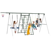 Outsunny Metal Swing Set for Backyard with 1 Saucer Swing, Basketball Hoop, 1 Seat, 1 Swing Glider, Climbing Net and Steps(m-11)
