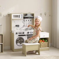 Qaba Play Kitchen Set for Kids, 2-in-1 Convertible Table and Chair Set, Kitchen Playset with Sink, Oven, Accessories for 3-8(m-9)