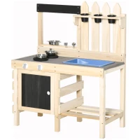 Outsunny Outdoor Kitchen Play Set with Frying Pan, Pretend Play Mud Kitchen for Kids with Removable Sink, Wooden Kitchen Set for Ages 3-7, with Planting Pots, Shelf, Cabinets(m-11)