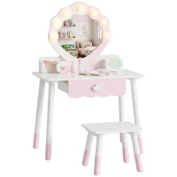 Qaba Kids Vanity Set, Makeup Vanity Table with Lights, Mirror, Stool, 7Pcs Accessories, Pretend Play Set for 3-8 Years, Pink(m-13)