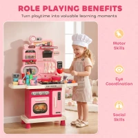 Qaba Kids Kitchen Playset, Play Kitchen with Lights, Sounds, Circulating Water Sink, Storage, 33 PCS for 3-6 Years, Pink(m-7)