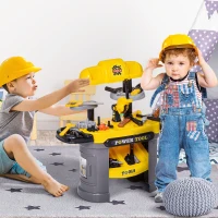 Qaba Play Toy Workbench for Kids 64 Pieces Tools Plus Case Storage Shelf  Construction Tool Accessories Playset Construction Pretend Play Toy Kit Yellow Grey(m-2)