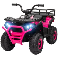 Qaba 12V Kids ATV, 4 Wheeler Quad with 4 Spring Suspension Wheels, LED Lights, Music USB, Pink(m-1)