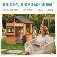 Qaba Wooden Kids Playhouse with Play Kitchen, Picnic Bench, Serving Station, Windows and Door for Backyard, Ages 3–8, Brown(m-6)