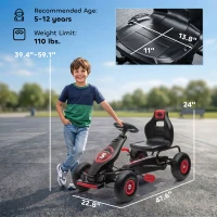Aosom Kids Pedal Go Kart Ride-on Toy with Ergonomic Comfort, Pedal Car with Tough, Wear-Resistant Tread, Go Cart Kids Car for Boys & Girls with Suspension System, Safety Hand Brake, Ages 5-12, Red(m-3)