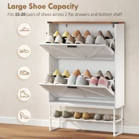 HOMCOM Narrow Shoe Storage Cabinet with 2 Flip Drawers, Slim Shoe Cabinet for 15-20 Pairs, White Wood Grain(m-5)