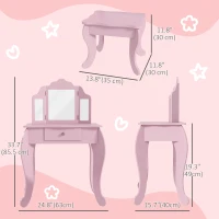 Qaba Kids Vanity Table and Stool, Makeup Vanity Girls Dressing Table Set with Tri-folding Mirrors Drawer Star and Heart Pattern, Pink(m-3)