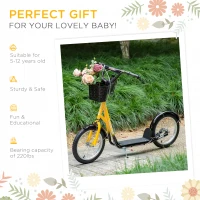 Aosom Youth Scooter, Kick Scooter with Adjustable Handlebars, Double Brakes, 16" Inflatable Rubber Tires, Basket, Cupholder, Orange(m-5)