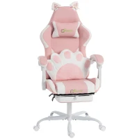 HOMCOM Cute Gaming Chair with Cat Ears, Gamer Computer Chair with Lumbar Support, Footrest, Headrest, Faux Leather, Pink(m-9)