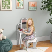 Qaba Kids Dressing Table and Chair Set, Girls Dressing Set, Makeup Desk with Drawer for 3-6 Years Old Kids, White(m-8)