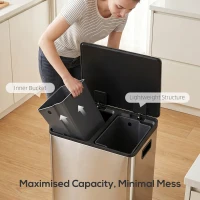 HOMCOM 2 x 30L / 7.9 Gallon Dual Trash Can with Removable Inner Buckets and Handles for Kitchen, Office, Bathroom, Silver(m-7)