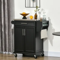 HOMCOM Kitchen Island on Wheels, Rolling Kitchen Cart with Stainless Steel Countertop, Drawer, Towel Rack and Spice Rack, Utility Storage Trolley, Black(m-2)