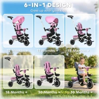 Aosom Tricycle for Toddler 6-in-1 Kids Trike, Foldable Converts Stroller to Baby Push Bike, Adjustable Backrest with Detachable Guardrail & Handle, Brake for 1-4 Years Old, Pink(m-4)