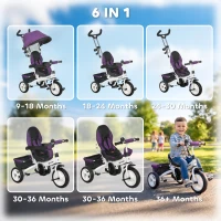 Qaba 6 in 1 Toddler Tricycle Stroller with Basket, Canopy, 5-point Safety Harness, for 12-60 Months, Purple(m-4)