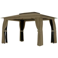 Outsunny 10' x 12' Outdoor Patio Gazebo, Soft Top Gazebo Canopy Shelter with Curtains, Netting, Steel Frame, Hooks, Khaki(m-1)