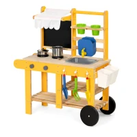 Qaba Mud Kitchen for Kids Outdoor with Wheels, Wooden Play Kitchen with Sink, Storage, Planting Pots, Blackboard, Yellow(m-9)