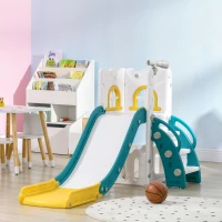 Qaba 5 in 1 Toddler Slide with Basketball Hoop, Climber, Telescope & Storage Baskets for 1-3 Years Olds, Yellow(m-10)