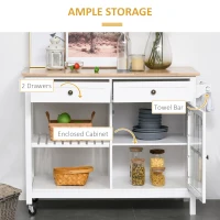 HOMCOM Rolling Kitchen Island with Storage, Kitchen Cart with Solid Wood Top, Glass Door Cabinet, Adjustable Shelf, Towel Rack, 2 Drawers for Dining Room, White(m-5)