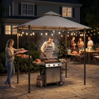 Outsunny 8' x 5' Grill Gazebo with Double Roof, Outdoor BBQ Canopy Gazebo with 2 Side Shelves for Patio Yard Garden Gray(m-9)